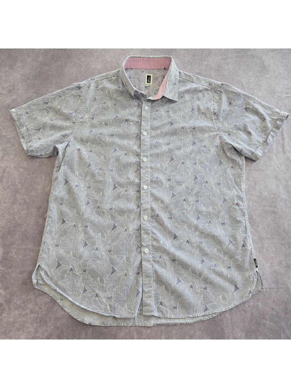 Howe Men’s XL Blue Gray Tropical Leaf Cotton Button-Up Shirt, Good Condition
